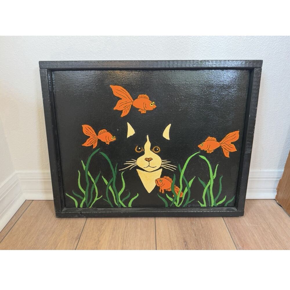 Folk Art Painted Canvas Black Cat Fishbowl Goldfish Scene Kitschy Whimsical - Picture 7 of 10